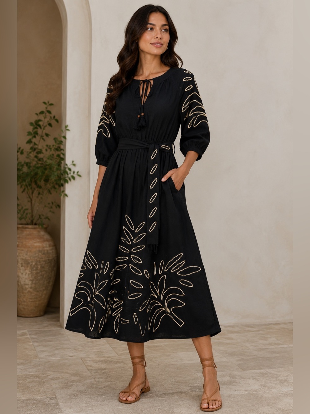 CIEBON Eliza Embroidered A-Line Midi Dress Black XS Tassel Tie Boho Cottagecore